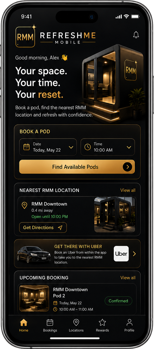 Preview of the Refresh Me Mobile app showing nearby locations, suite availability, reservations and digital access