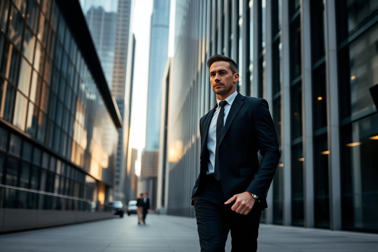 A confident executive in a sleek downtown business district
