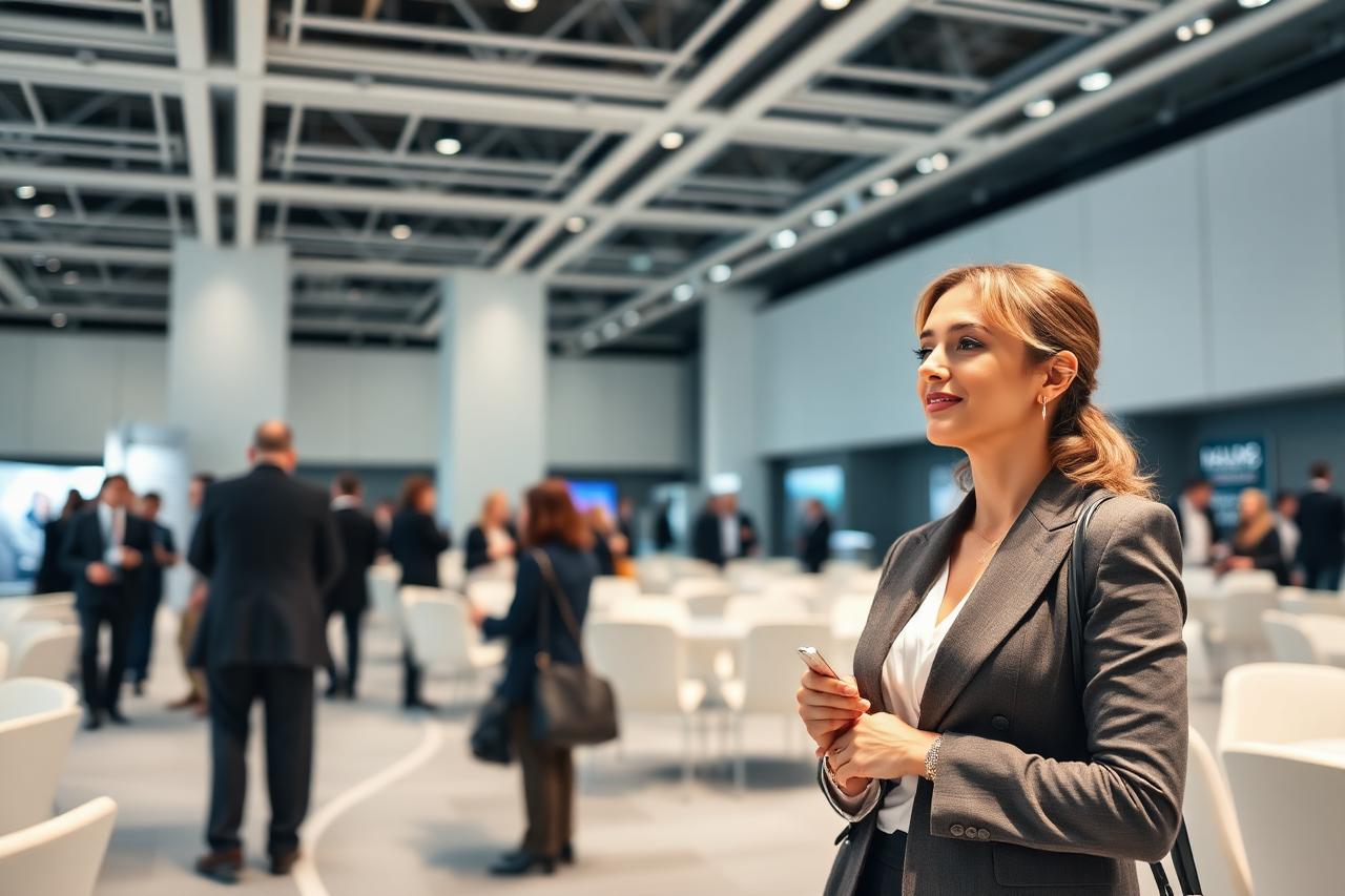 A professional attendee in a bright modern convention center