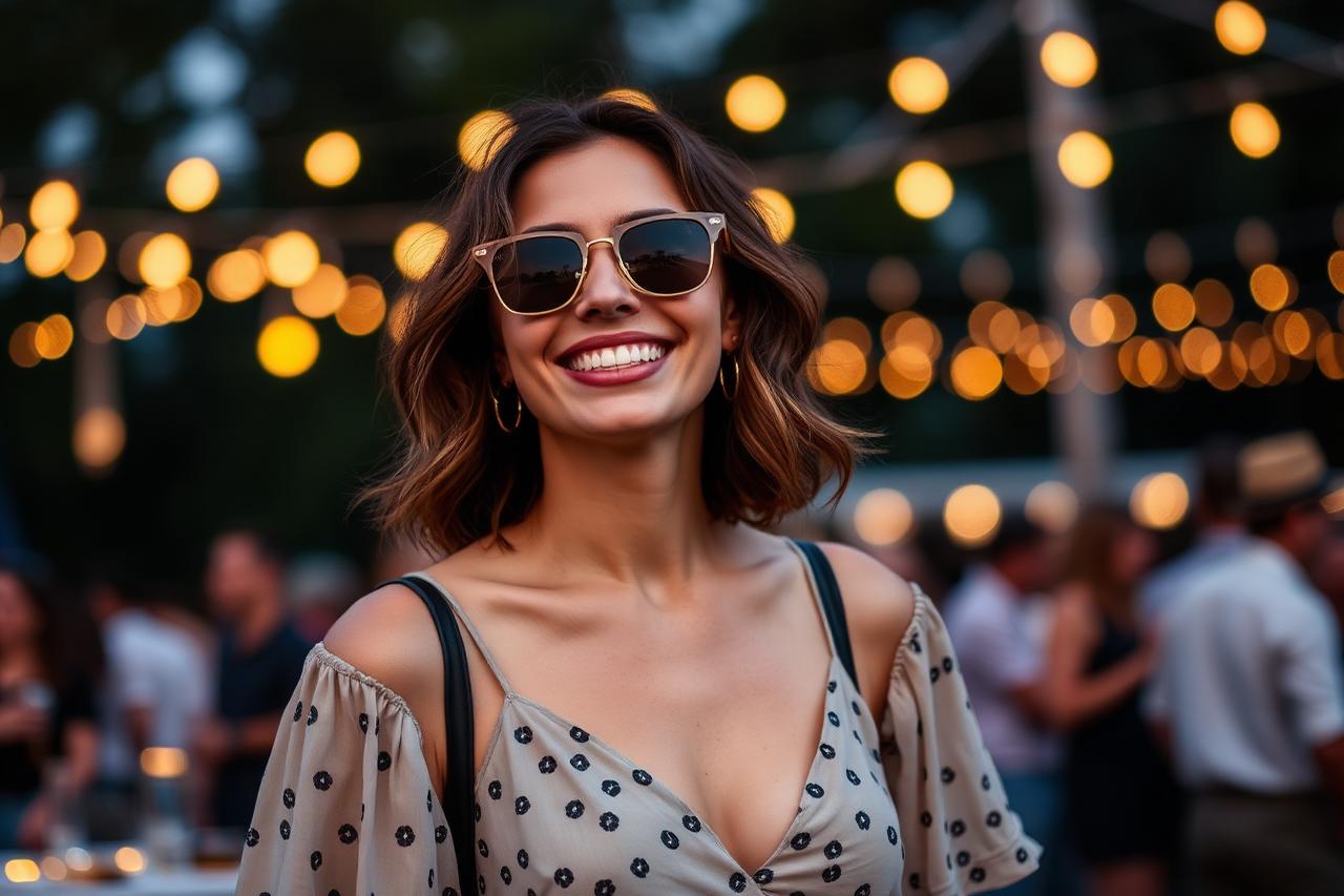A stylish guest at an upscale outdoor evening festival