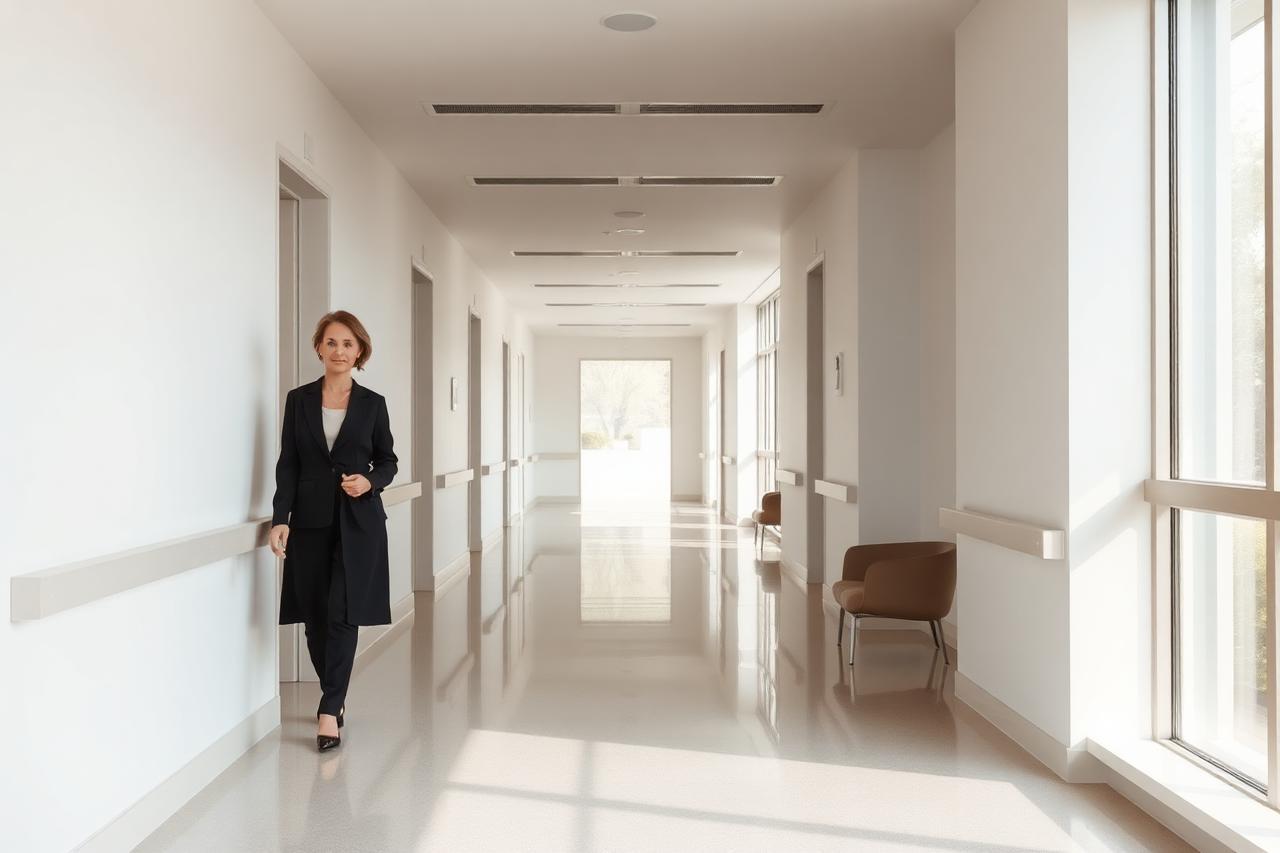 A calm modern medical corridor with soft natural light