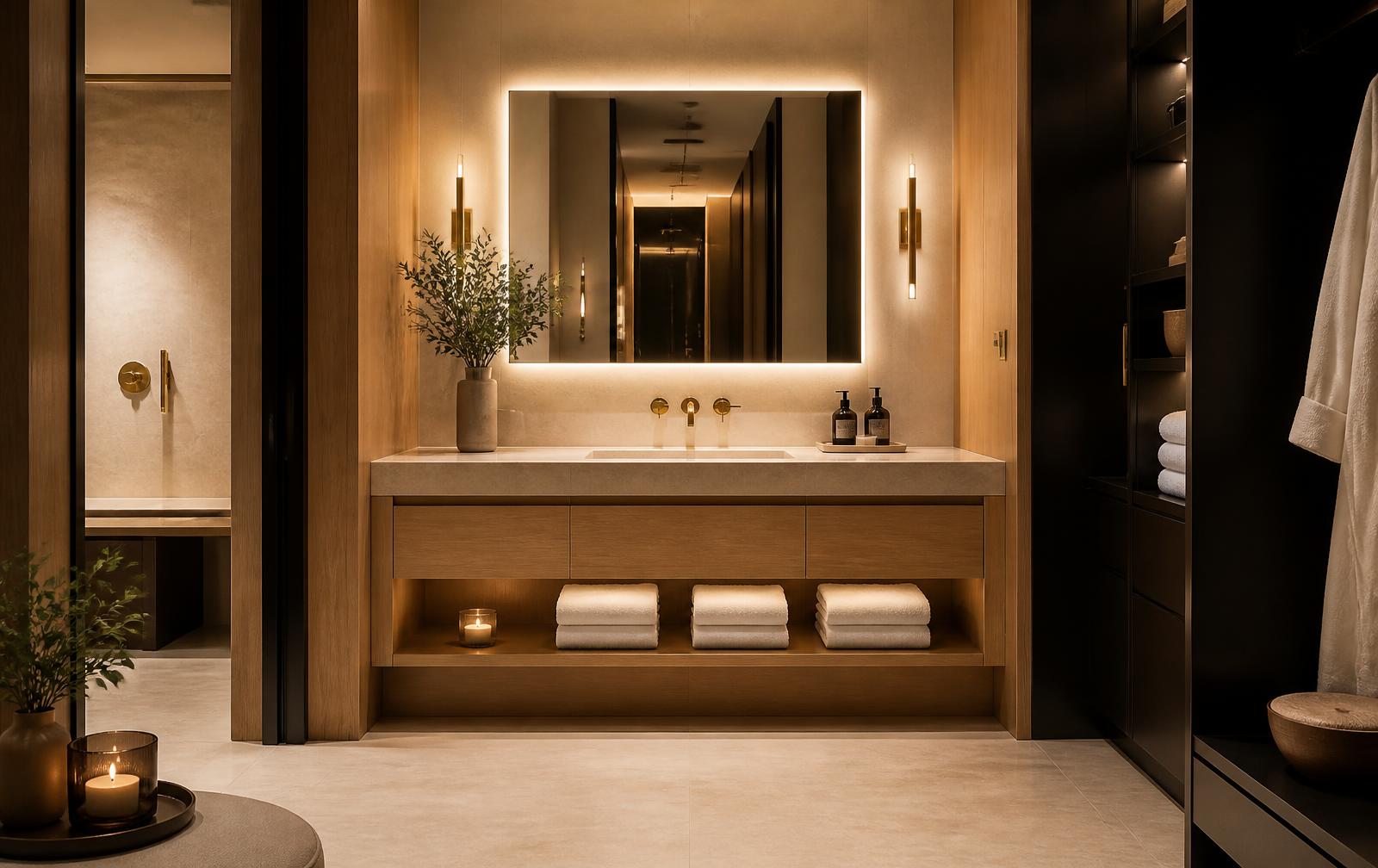Interior of a Refresh Me Mobile private refresh suite with backlit vanity, oak cabinetry and folded white towels