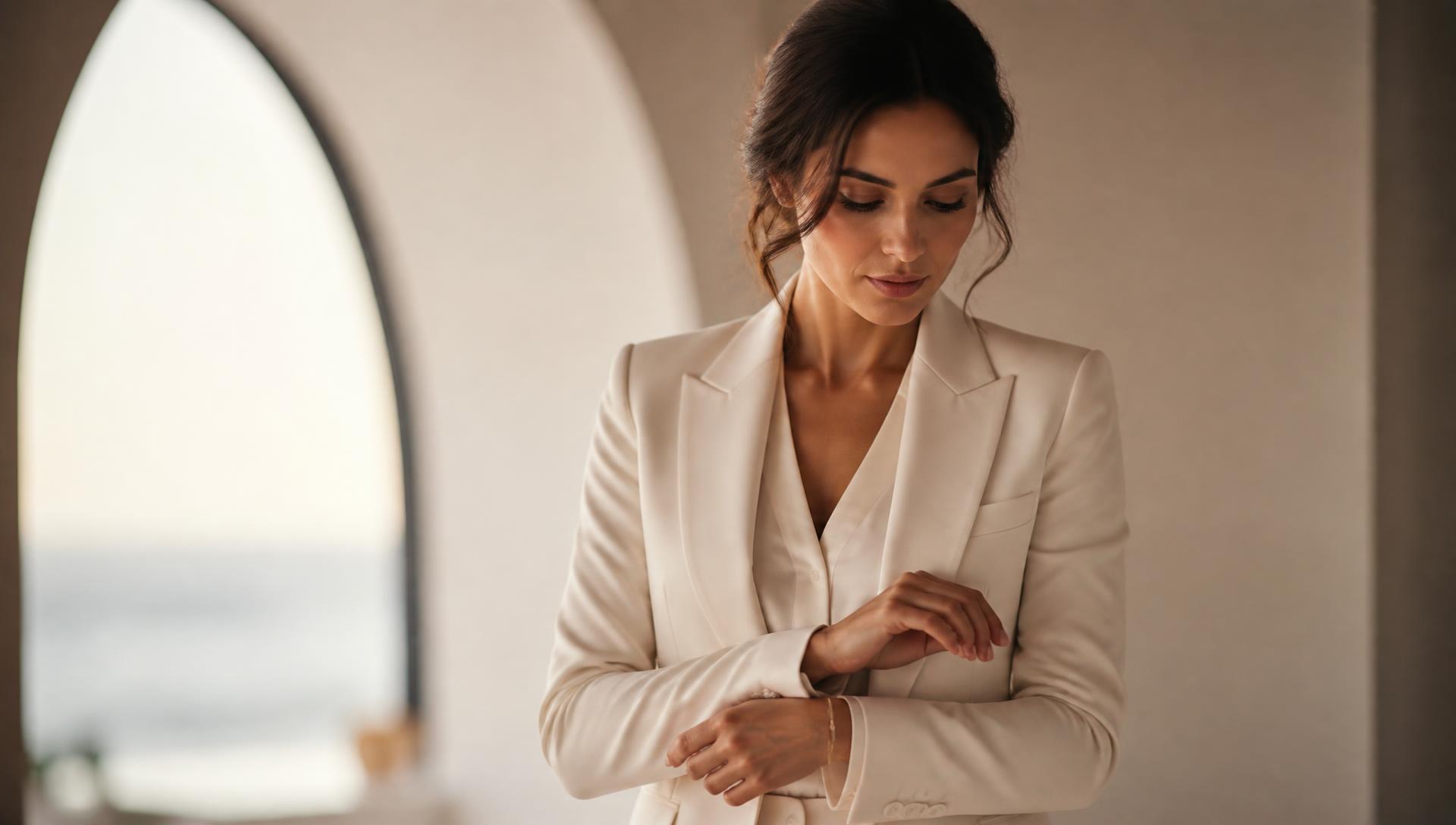 A confidently dressed guest adjusting her cuff in soft, warm light