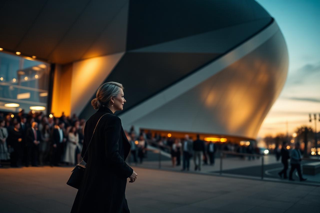 An elegantly dressed guest arriving at a modern arena at dusk