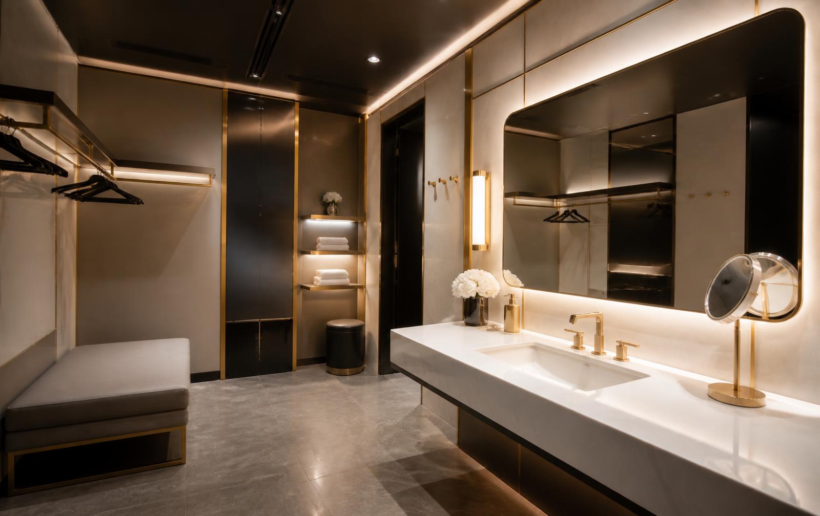 The interior of a Refresh Me Mobile private refresh suite with marble vanity, illuminated mirror, seating bench and gold accents