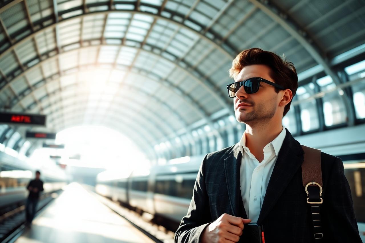 A sophisticated commuter in a soaring modern train station