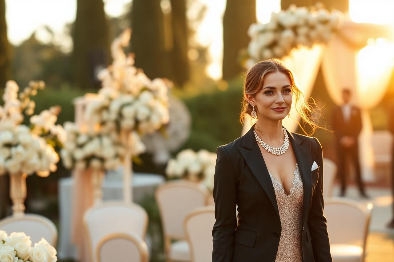A refined outdoor wedding venue at golden hour